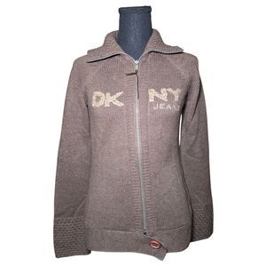 DKNY Jeans Women’s Small Full Zip Sweater Brown Y2K Logo Graphic Button Accent